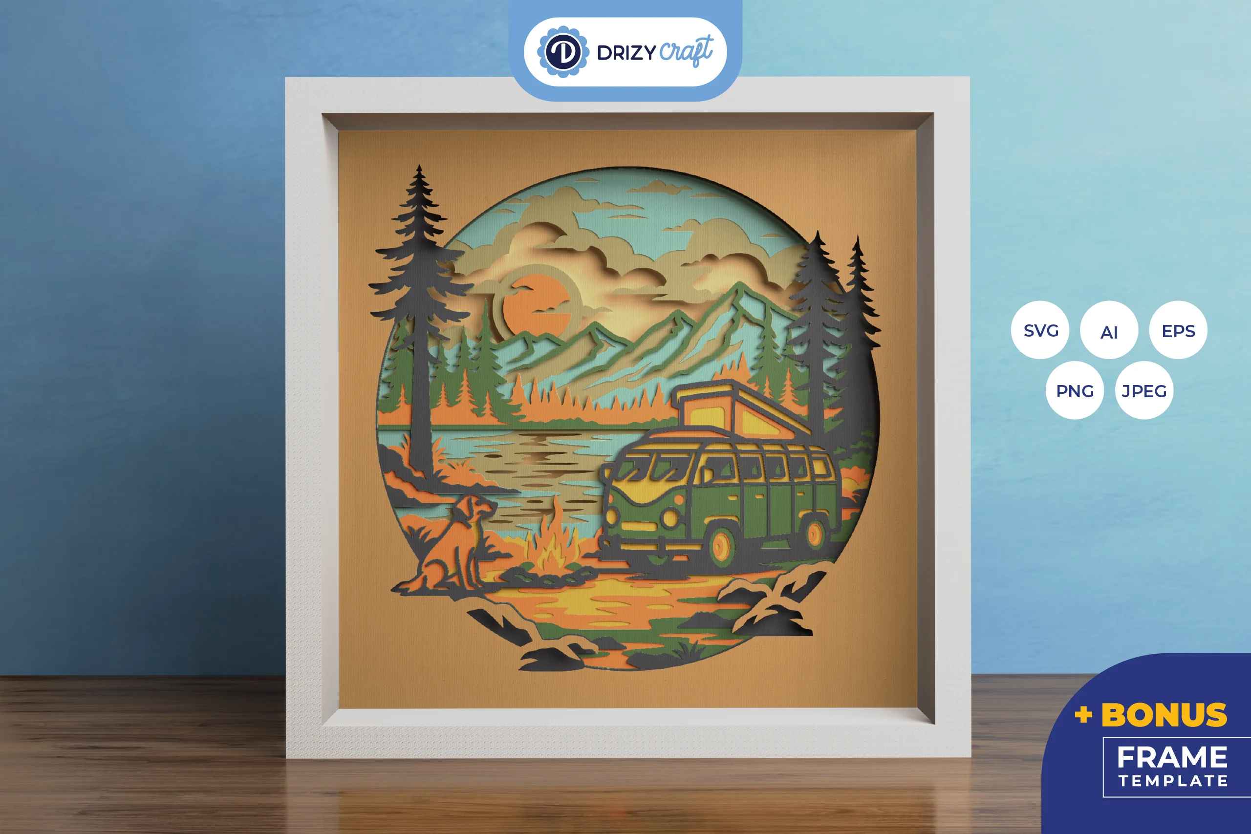 Classic Camper Van Nature 3D Shadow Box - Camper Van 3D Paper Craft ...